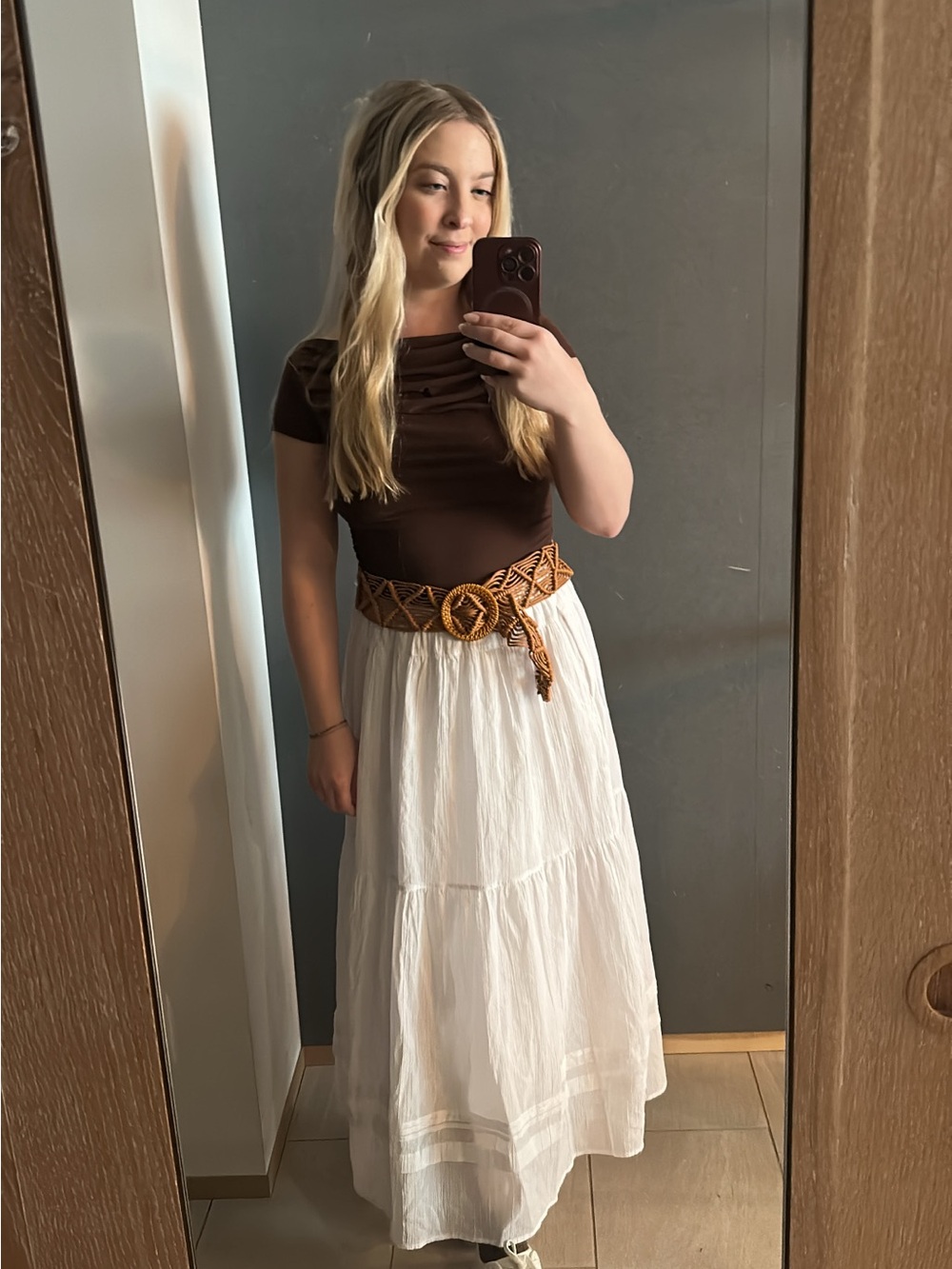 Tan Braided Belt with Round Buckle - Women's Boho Accessory
